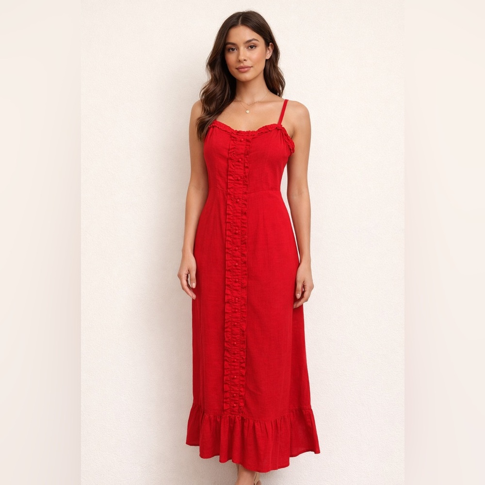 Strut & Bolt Red Smocked Midi Dress | Adjustable Straps | Size Small